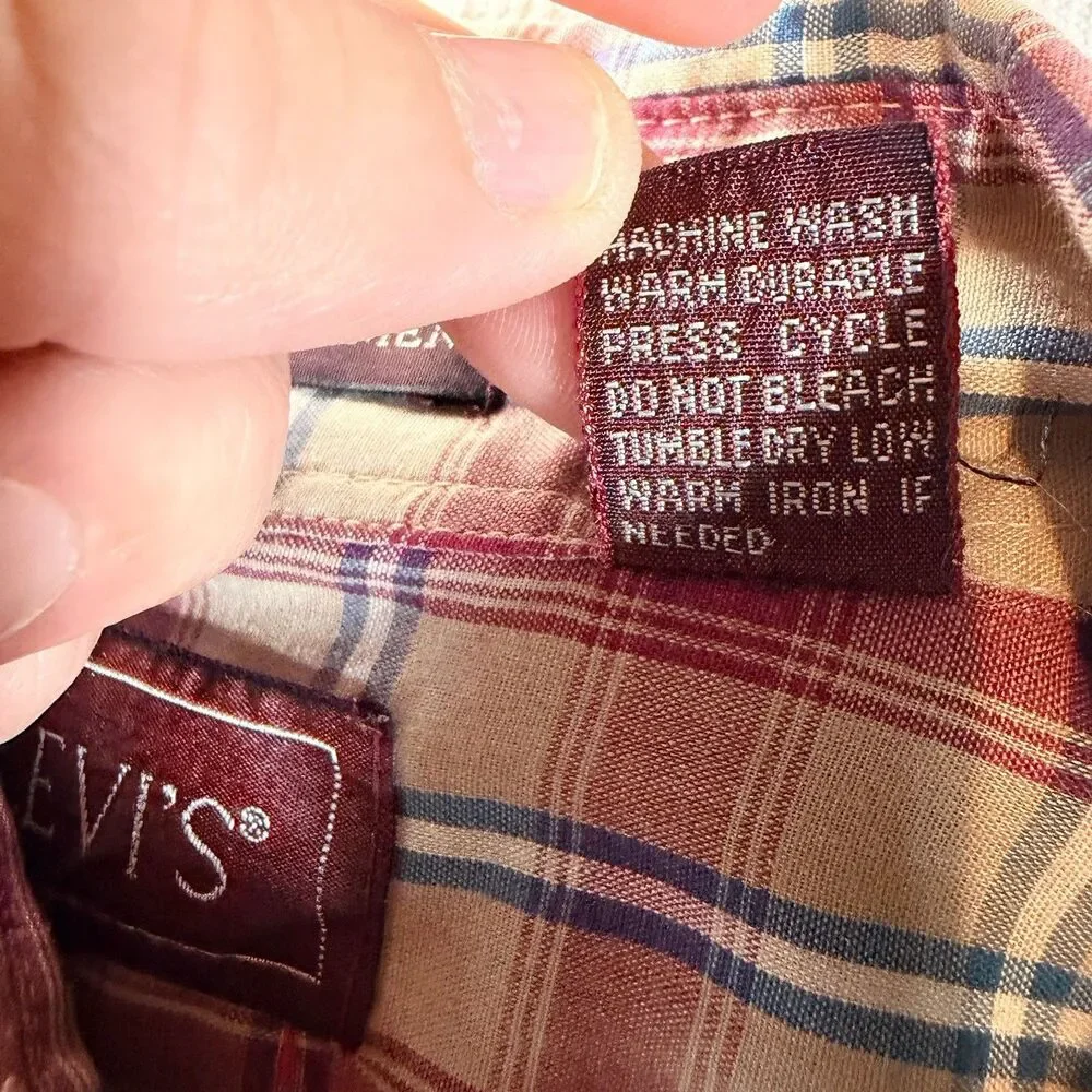 Levis Mens Shirt XL Brown Plaid 80s Button Up Tabs Korea TEAR SEE PICS Vintage